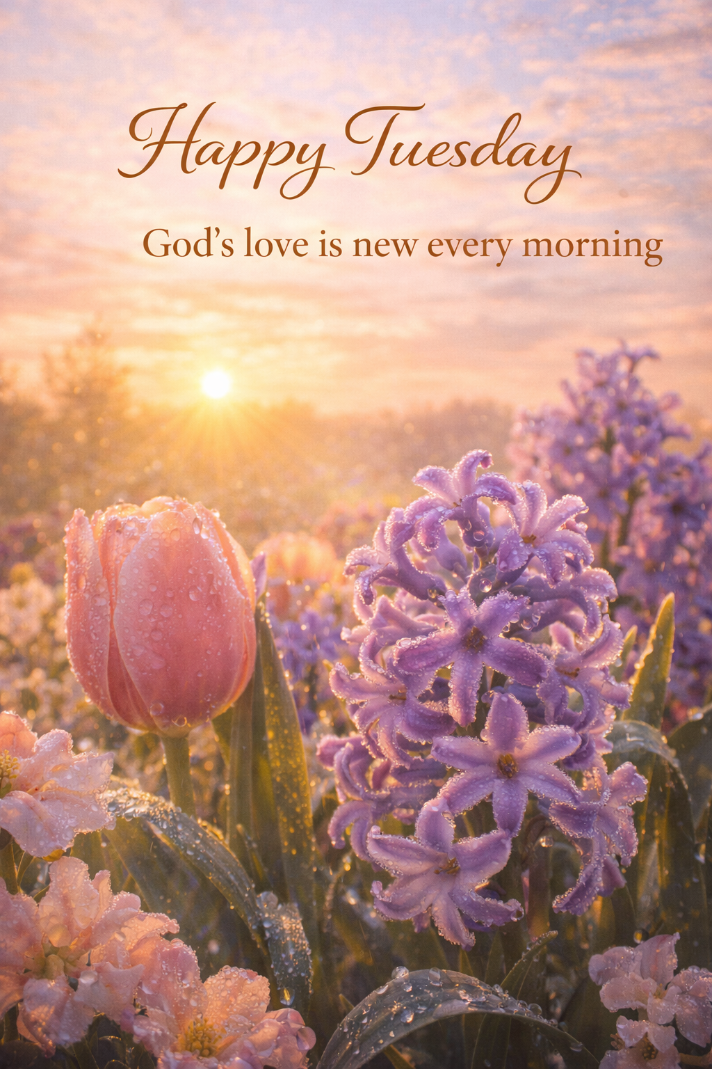 Pink tulips and purple hyacinths with morning dewdrops in warm sunrise light, "Happy Tuesday -- God's love is new every morning" text in gold -- vertical Tuesday blessing image for WhatsApp
